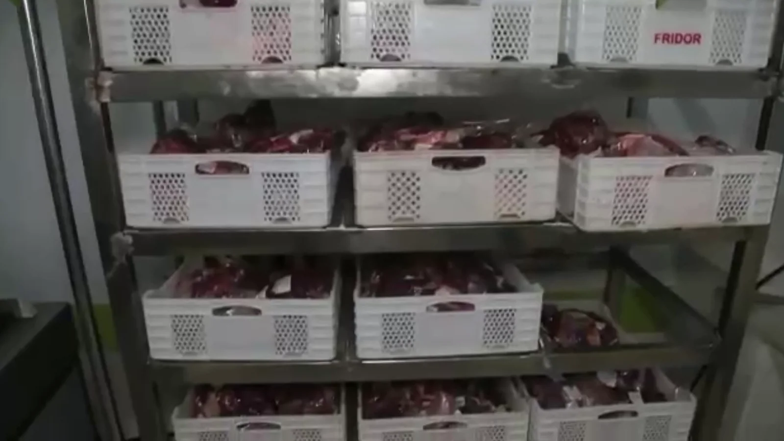 Crates of meat in the cold room, ready for shipping